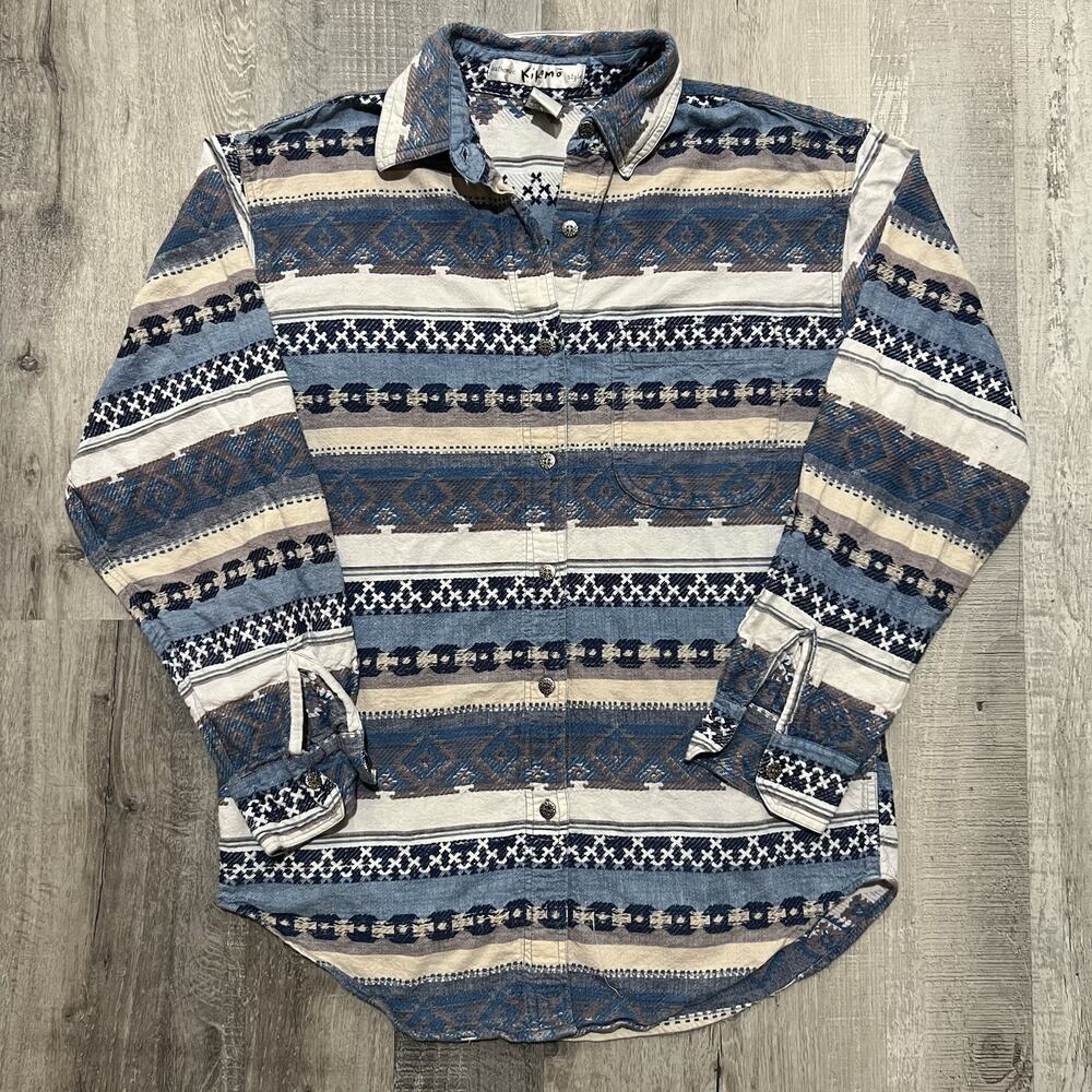 Kikimo Style Woven Cotton Aztec Nepal Knit Blue Striped Button Shirt Size L